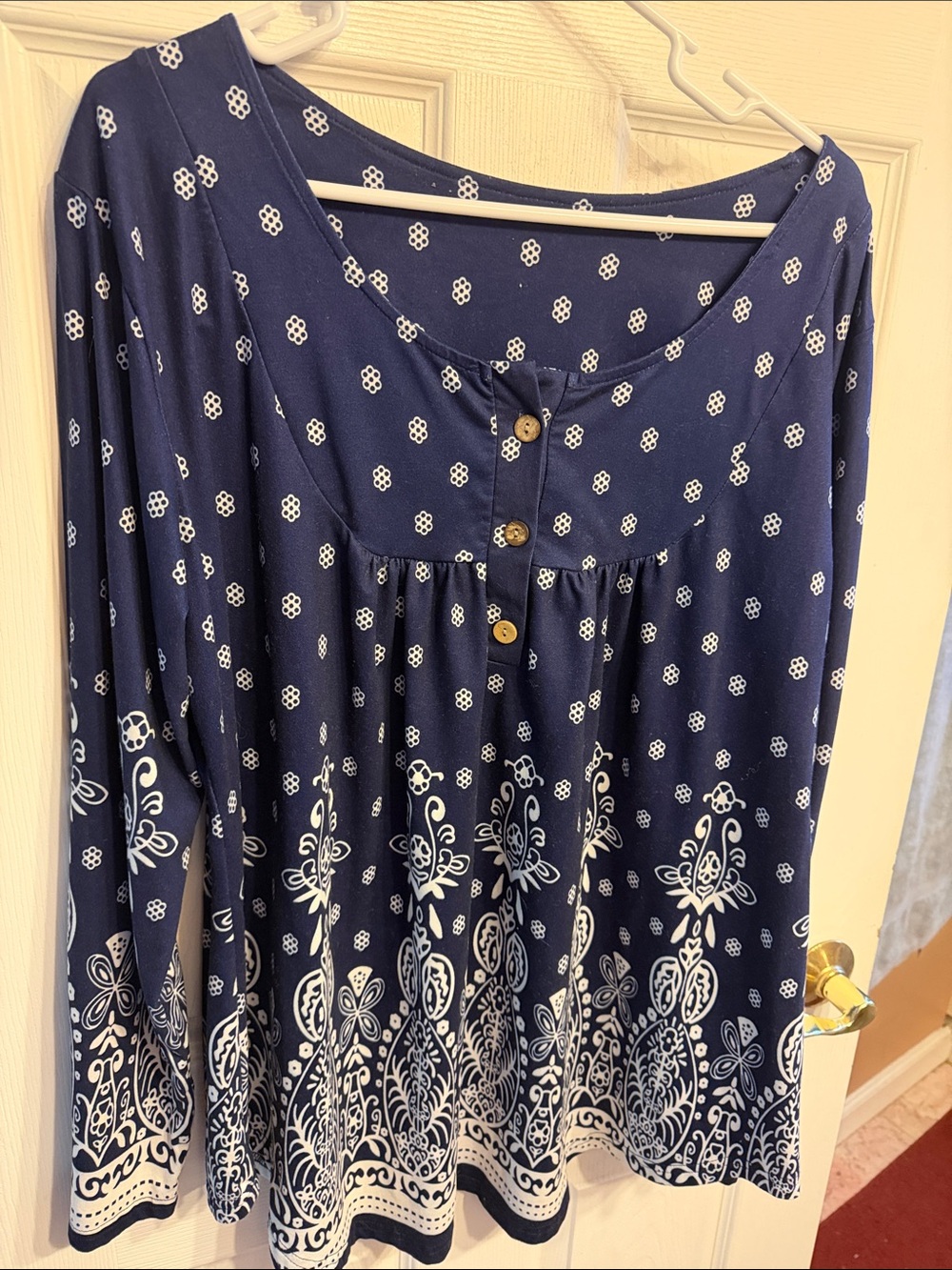 Women's Navy Blue Printed Long-Sleeve Tunic with Button Front